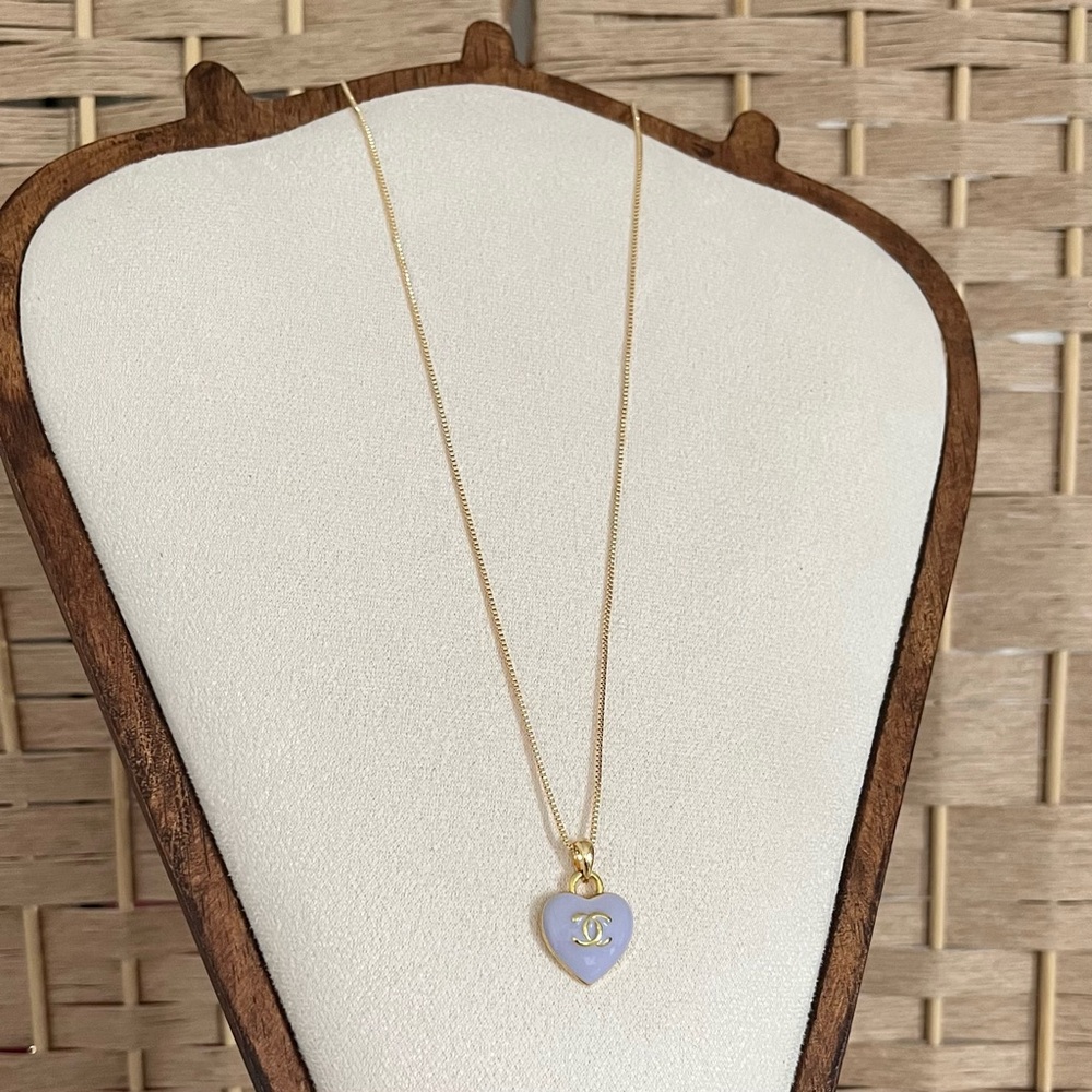 Designer Lilac Purple Gold Heart Pendant Charm Box Chain Repurposed Necklace